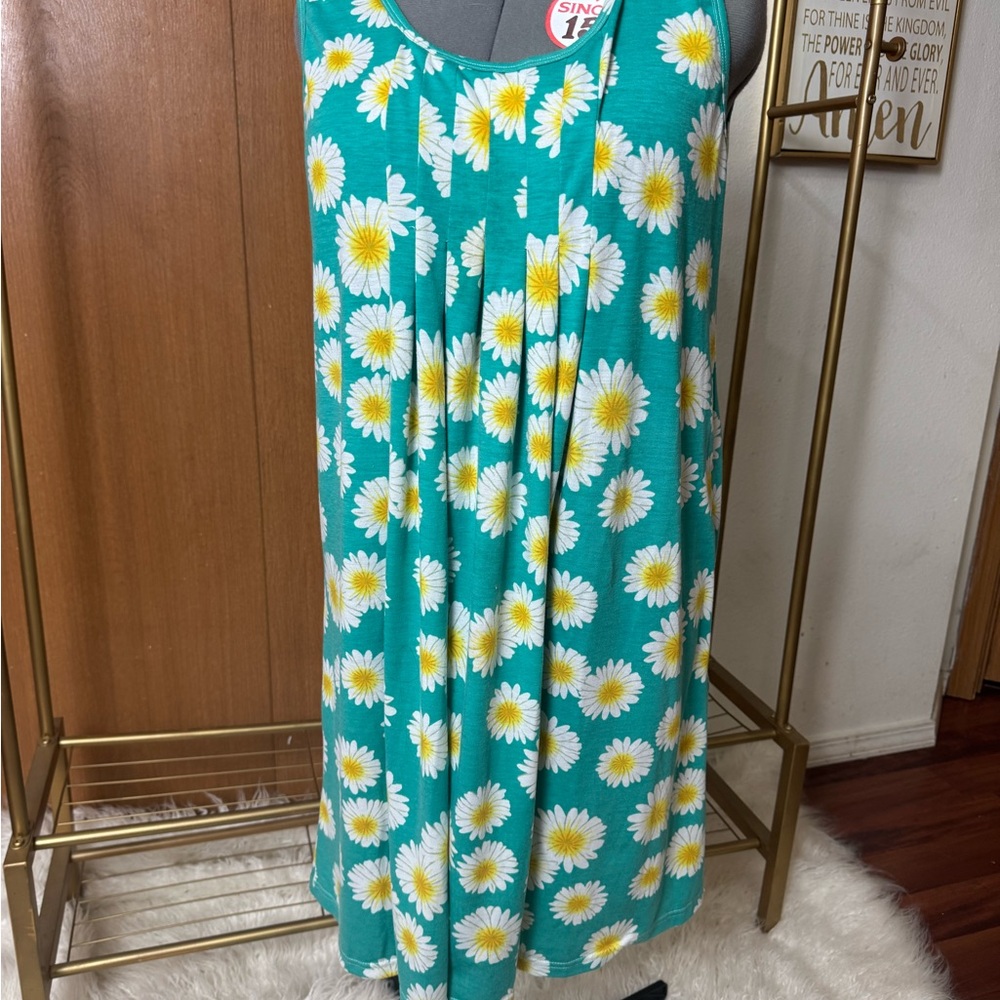 Blue/teal and sunflower  Sleeveless Scoop Neck Midi Sundress